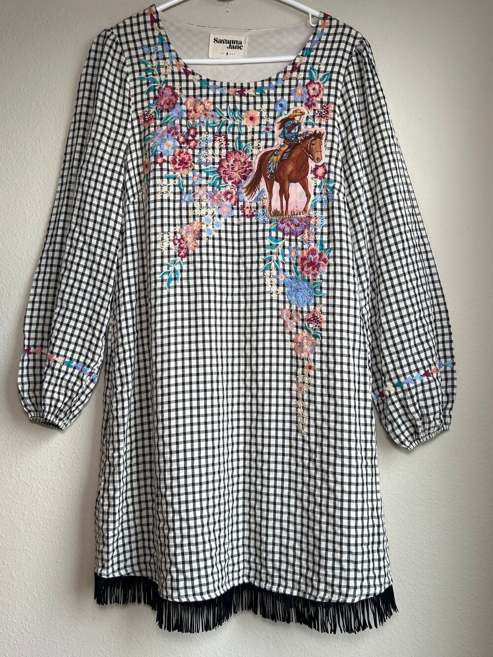 Savanna Jane Cowgirl Horse Embroidered Gingham Fringe Shift Dress Size Small